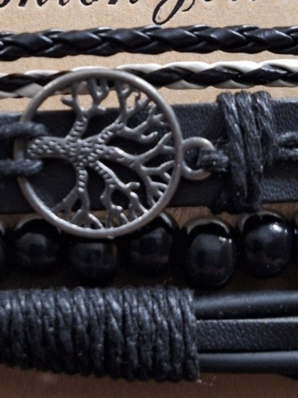 Black Men's Multi-Strand Leather Bracelet with Tree of Life Charm